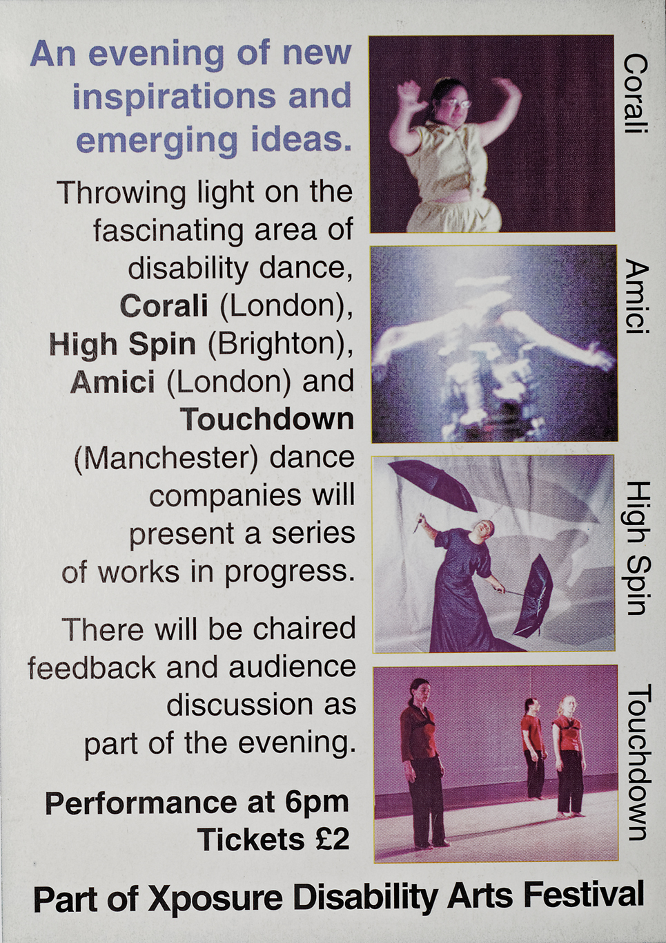 Back of postcard for Changing Perspectives performance 2003